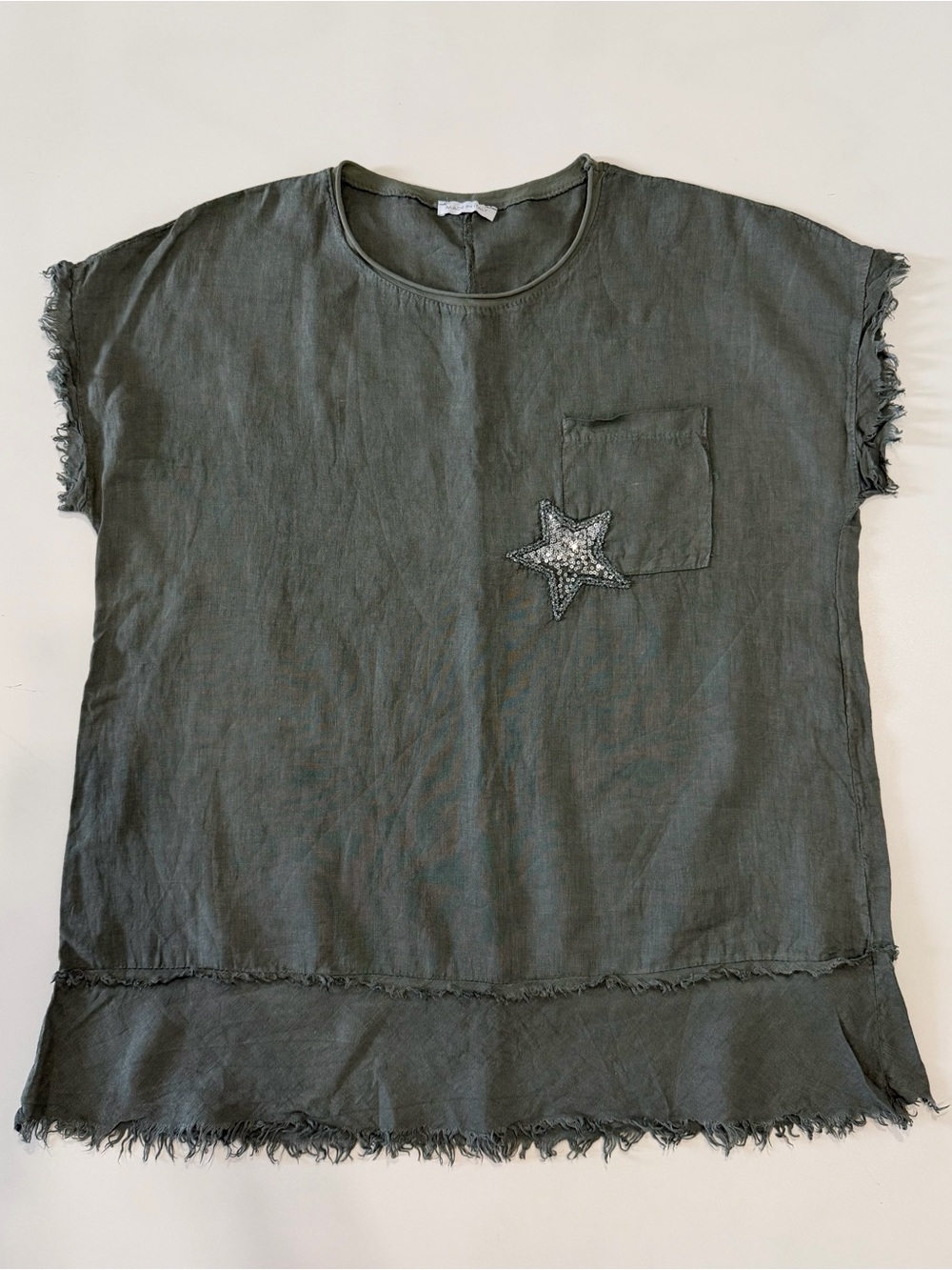 M Made In Italy 100% Linen Oversized Tunic Star Pocket Olive Green‎ Top One Size